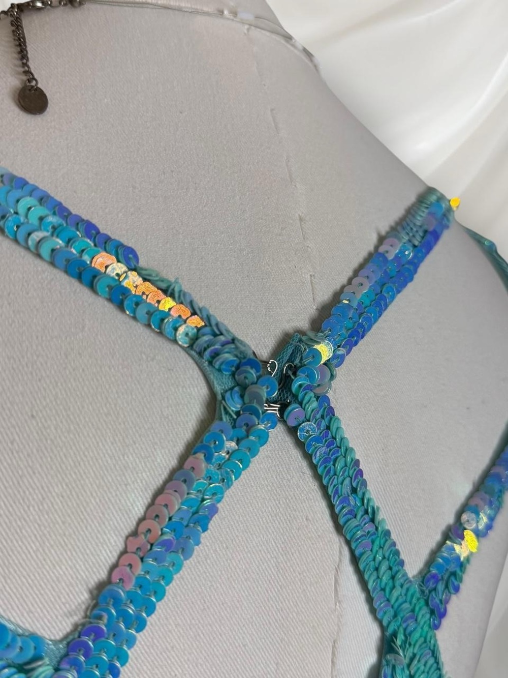 Sequin Mermaid Evening Dress in Aqua Blue - Strappy Back - Picture 6 of 8